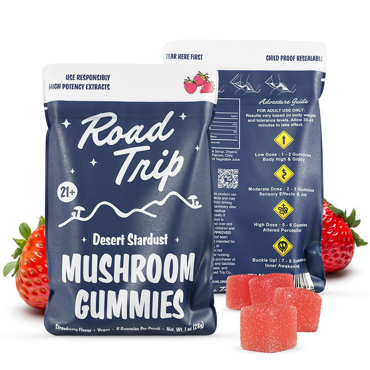 Step into a cosmic adventure with "Road Trip Desert Stardust," a remarkable Mushroom extract strain inspired by the night sky's wonders. These unique gummies encapsulate the beauty of the cosmos in every bite.